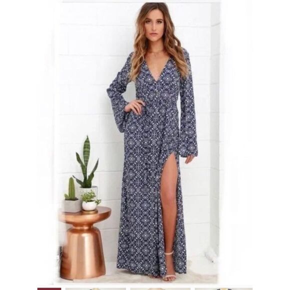 Lulu's Mandala Daydream Maxi Dress L Blue White V-Neck Tie-Waist Long Sleeve - Picture 1 of 4
